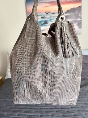 Italian Leather Gray Silver Textured Tote Snake Skin Shopper Shoulder Boho Bag